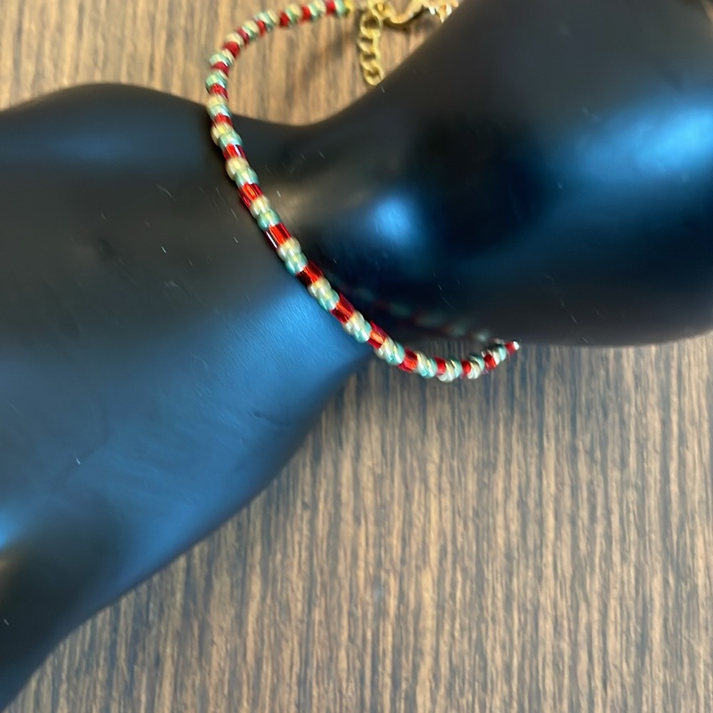 HAND CRAFTED BRACELET Red Green Gold Dainty Holiday Bracelet